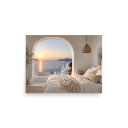 Illustrated Greek-island bedroom scene with whitewashed walls and sea-blue light, 12″×16″ size.