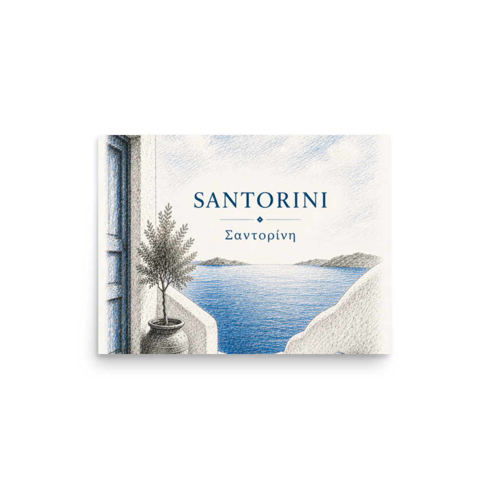 Hand-drawn sketch-style poster of Santorini's cliffside, whitewashed architecture, 12″×16″ size.