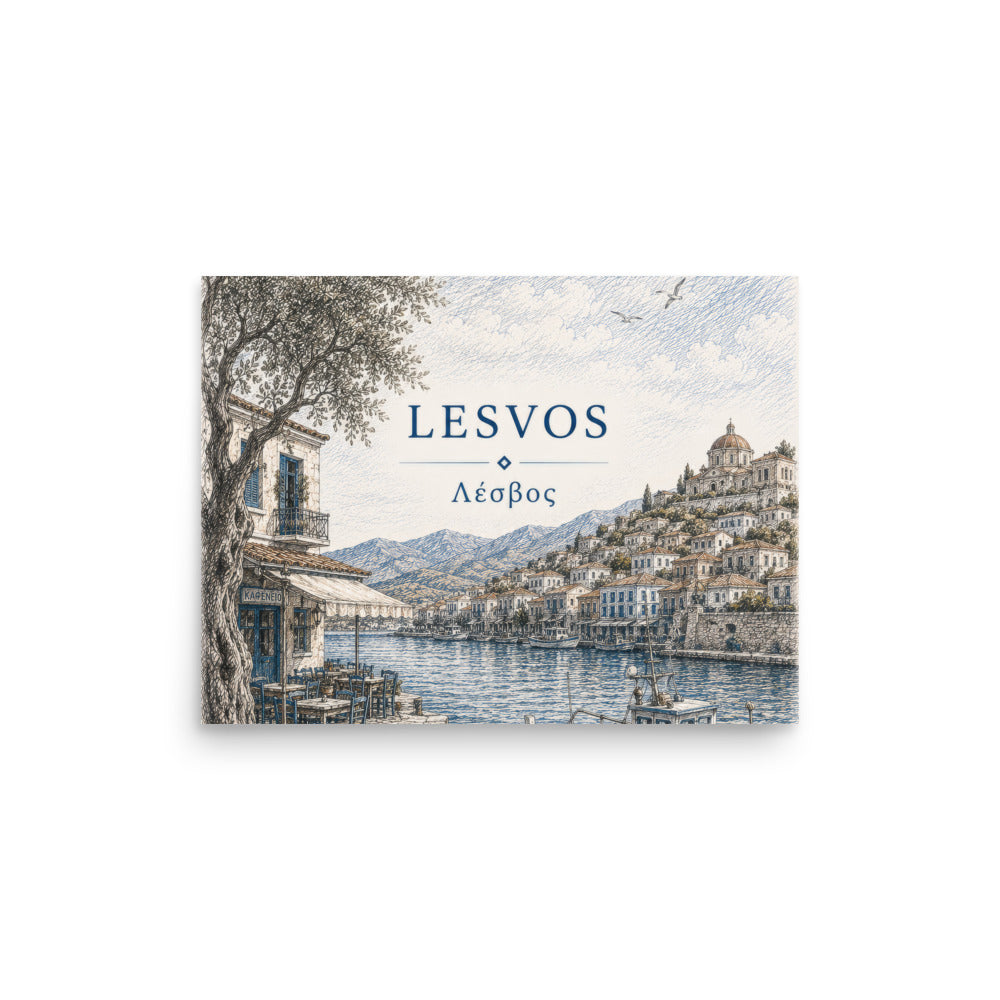Lesvos destination poster from the Hellenic Sketch Archive collection, 12″×16″ size.
