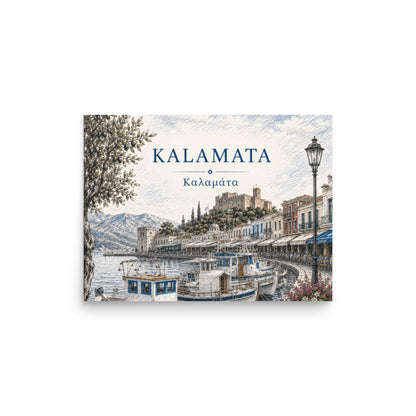 Illustrated Kalamata, Greece harbor scene with fishing boats, waterfront buildings, mountains, and an olive tree, titled “KALAMATA” and “Καλαμάτα”, 12″×16″ size.