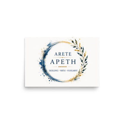 Minimalist poster featuring the Greek concept of arete (excellence and virtue), 12″×18″ size.
