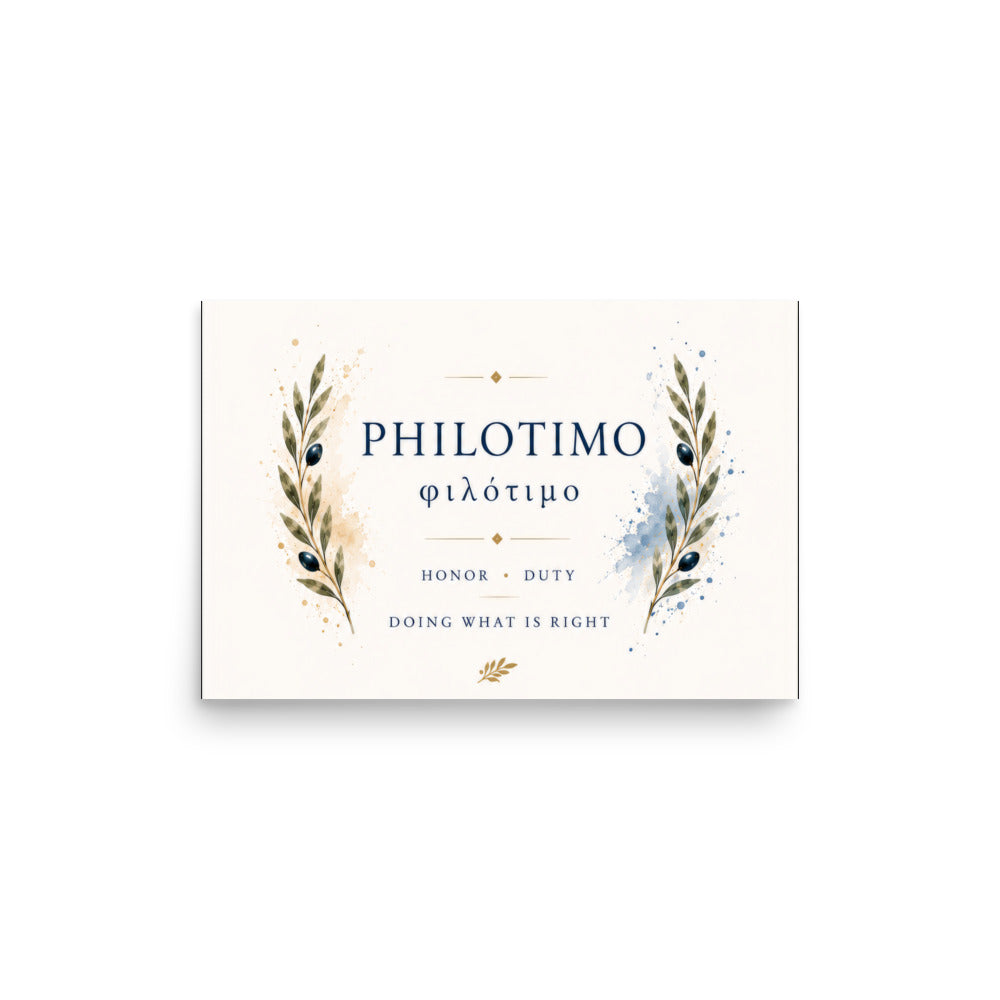 Poster featuring an artful design around the Greek concept of philotimo, 12″×18″ size.