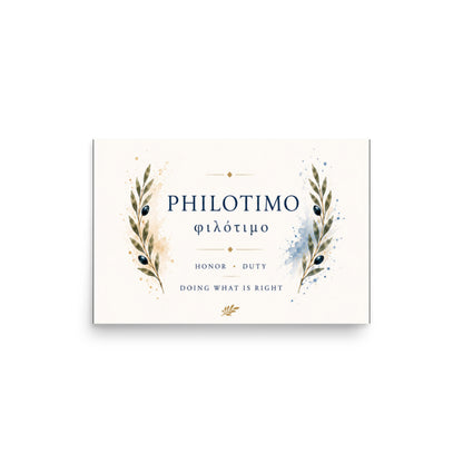 Poster featuring an artful design around the Greek concept of philotimo, 12″×18″ size.