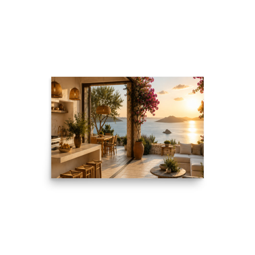 Illustrated poster of a Mediterranean kitchen inspired by the Ionian islands, 12″×18″ size.