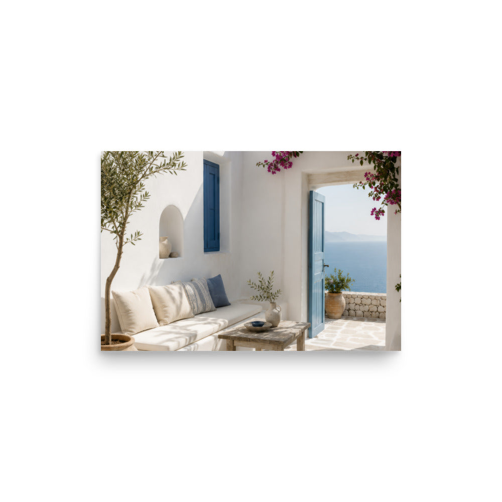 Illustrated Cycladic courtyard scene in white, blue, and stone tones, 12″×18″ size.