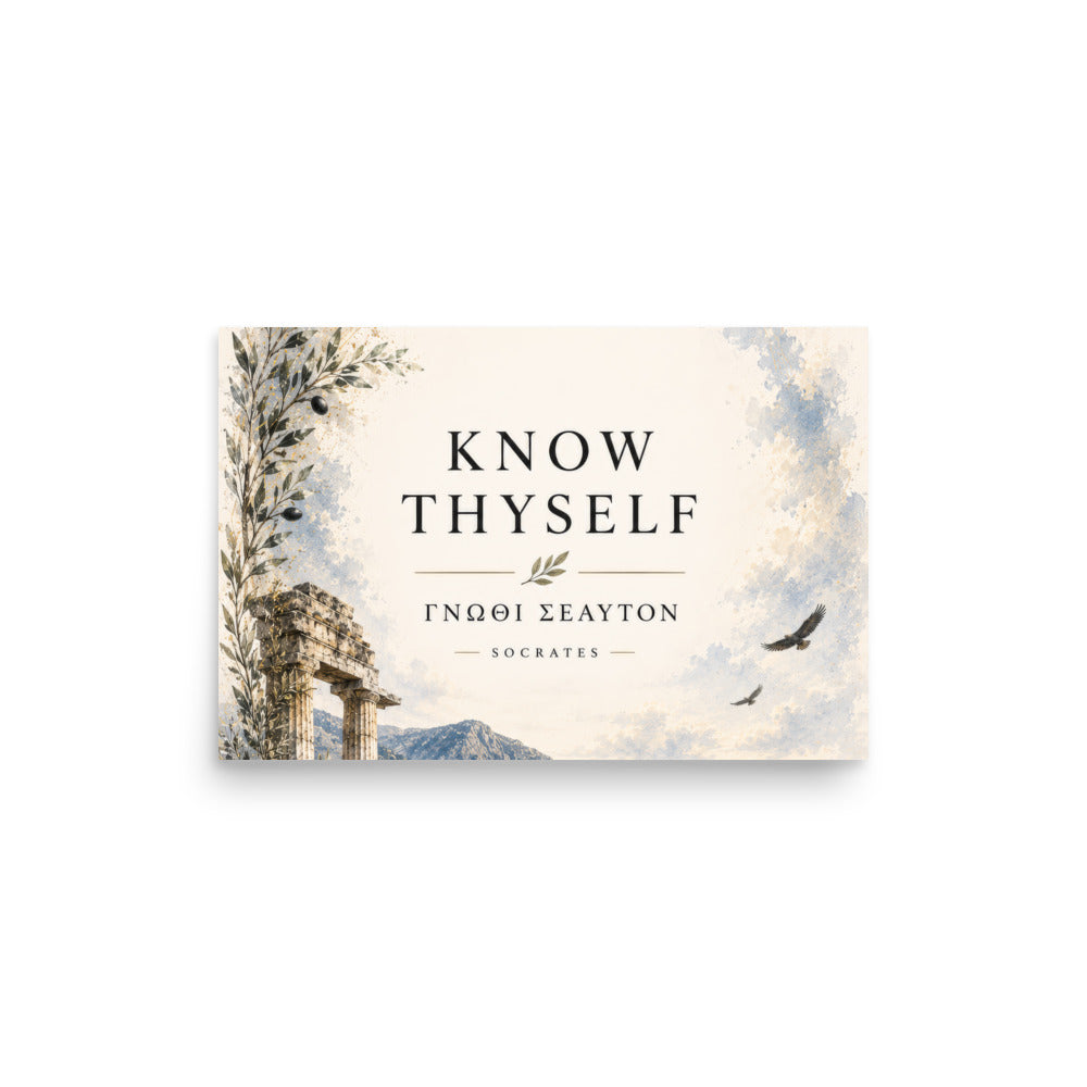 Poster featuring classical ruins and the Greek maxim “Know Thyself” in centered typography, 12″×18″ size.
