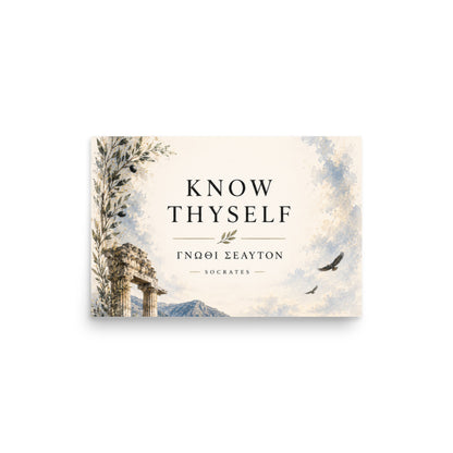 Poster featuring classical ruins and the Greek maxim “Know Thyself” in centered typography, 12″×18″ size.