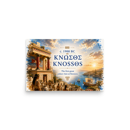 Illustrated poster interpreting ancient Knossos and Bronze Age Crete, 12″×18″ size.