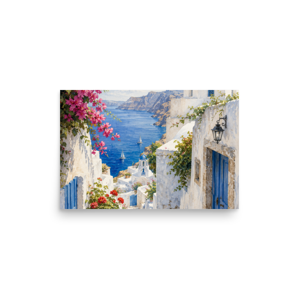 Illustrated poster of a Santorini courtyard scene — additional product photo.