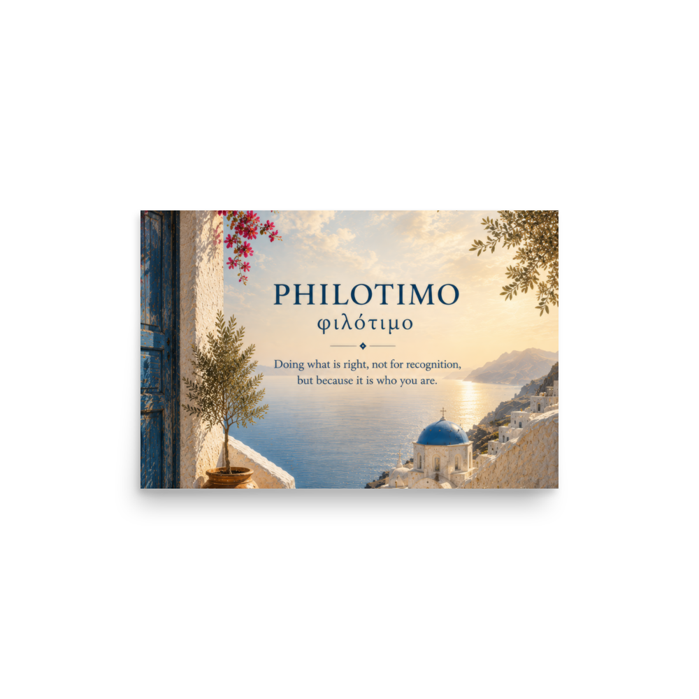 Poster featuring an artful design around the Greek concept of philotimo, 12″×18″ size.