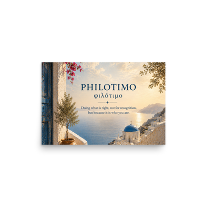 Poster featuring an artful design around the Greek concept of philotimo, 12″×18″ size.