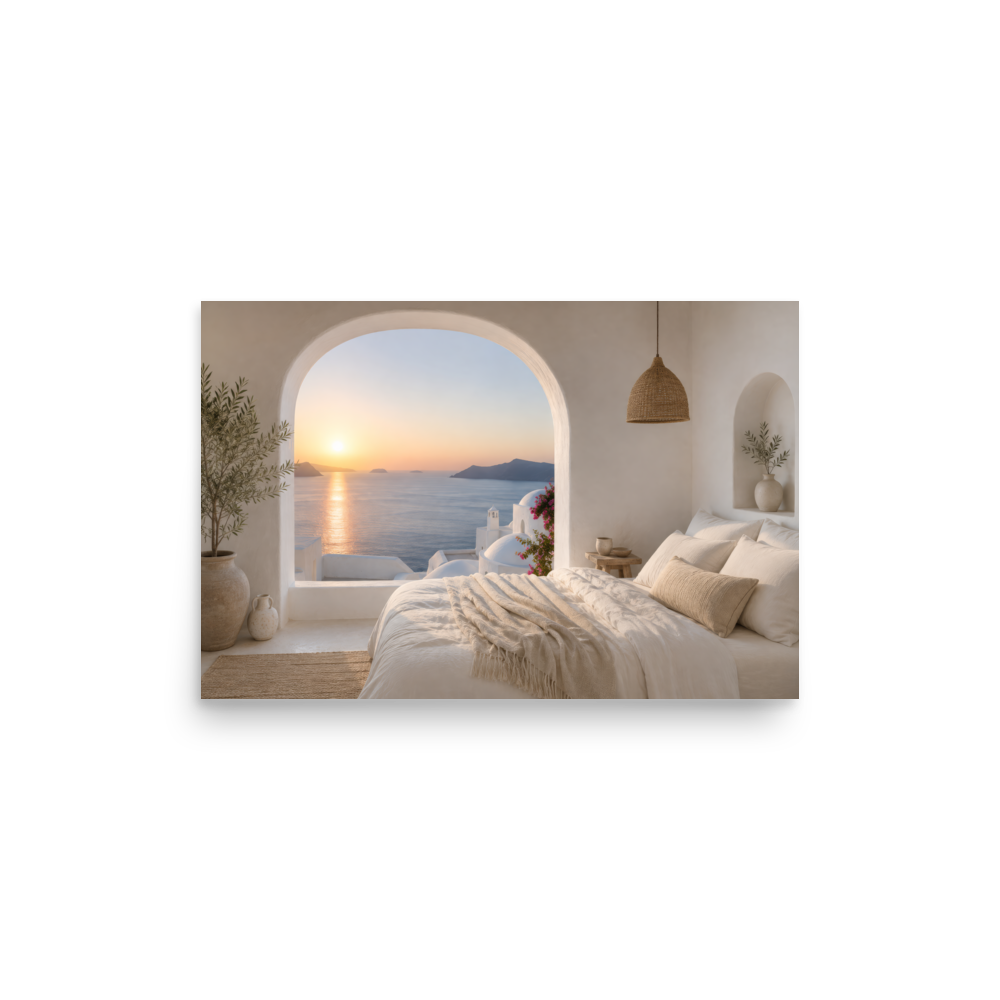 Illustrated Greek-island bedroom scene with whitewashed walls and sea-blue light, 12″×18″ size.