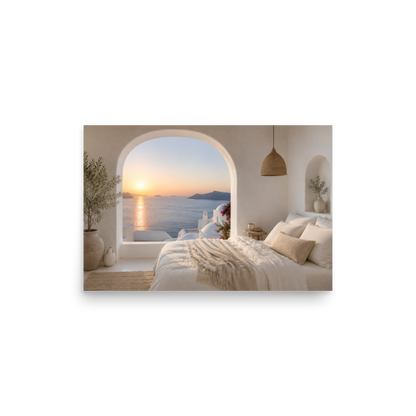 Illustrated Greek-island bedroom scene with whitewashed walls and sea-blue light, 12″×18″ size.