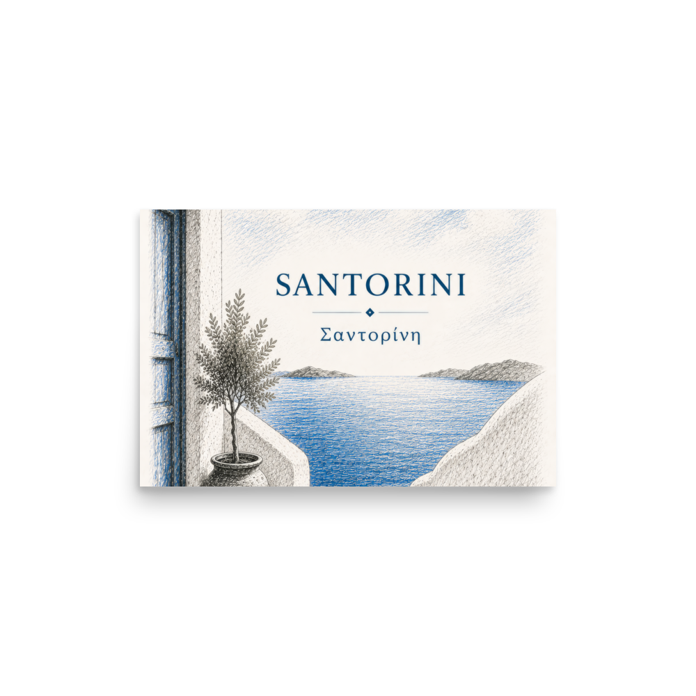 Hand-drawn sketch-style poster of Santorini's cliffside, whitewashed architecture, 12″×18″ size.