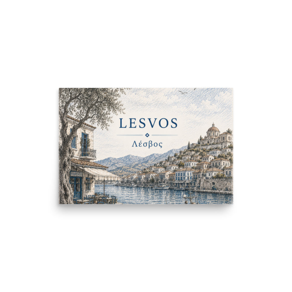Lesvos destination poster from the Hellenic Sketch Archive collection, 12″×18″ size.