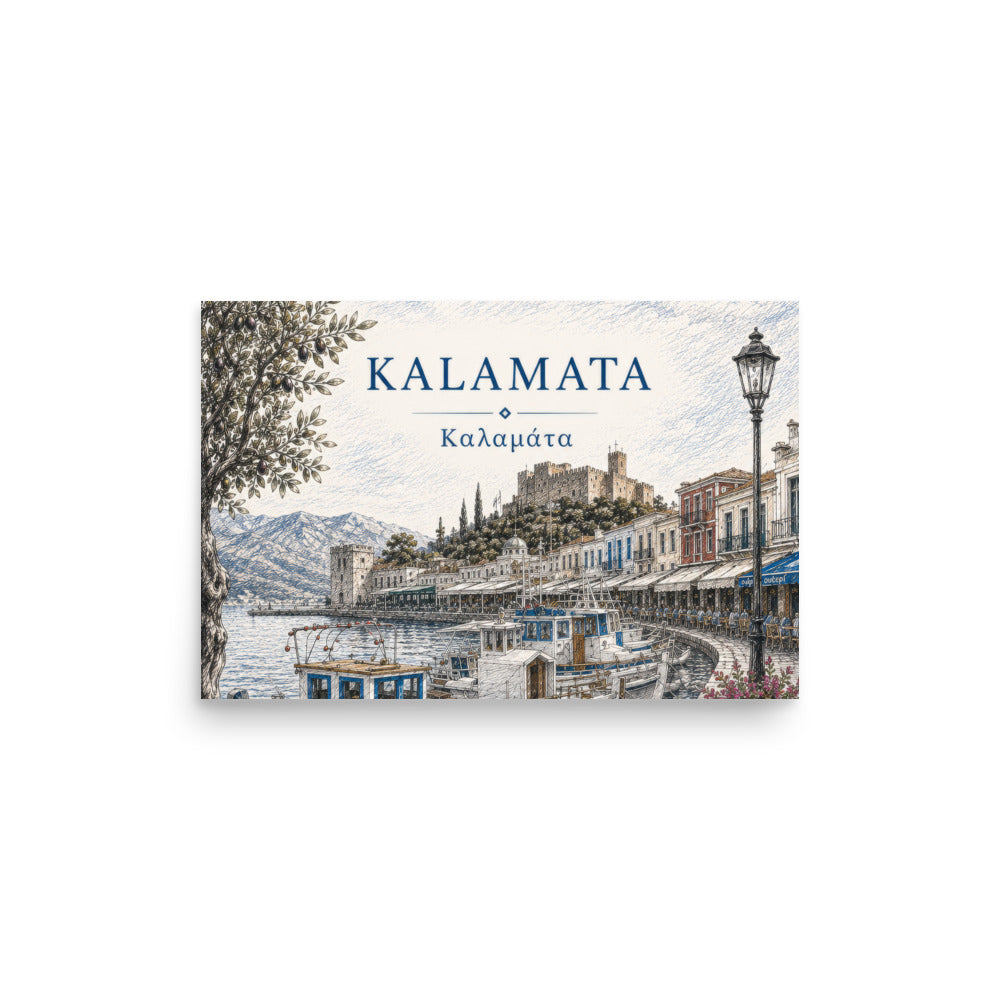 Illustrated Kalamata, Greece harbor scene with fishing boats, waterfront buildings, mountains, and an olive tree, titled “KALAMATA” and “Καλαμάτα”, 12″×18″ size.