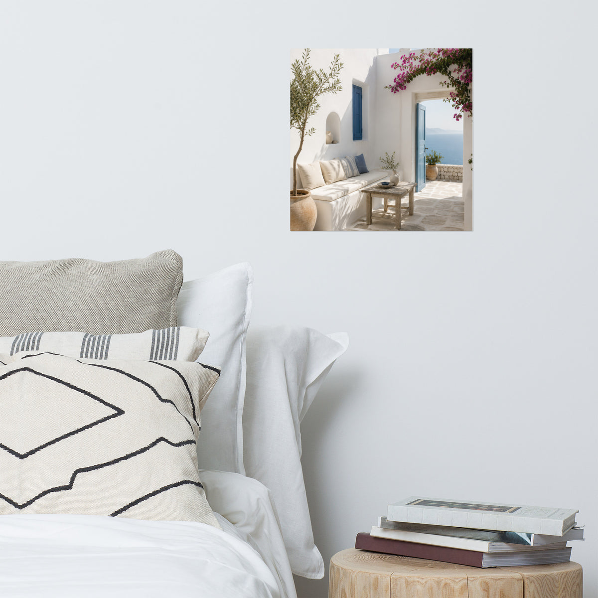 Illustrated Cycladic courtyard scene in white, blue, and stone tones, 16″×16″ size.