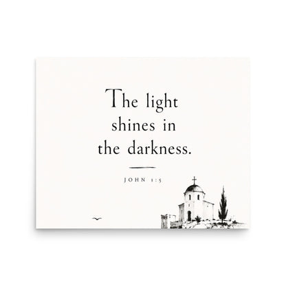 Scripture poster featuring John 1:5 and the theme of light overcoming darkness, 16″×20″ size.