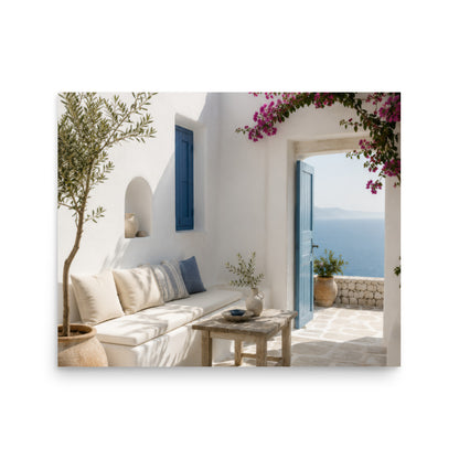 Illustrated Cycladic courtyard scene in white, blue, and stone tones, 16″×20″ size.