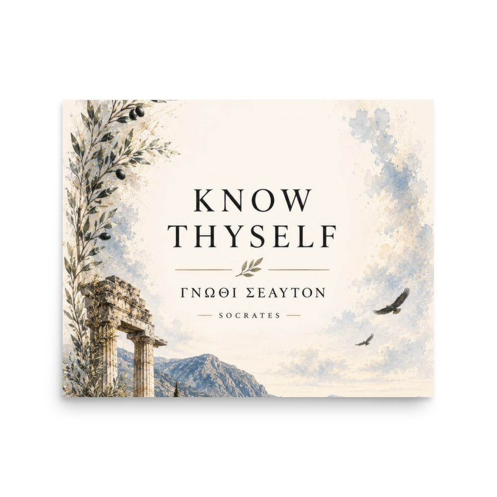 Poster featuring classical ruins and the Greek maxim “Know Thyself” in centered typography — additional product photo.