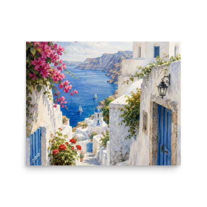 Illustrated poster of a Santorini courtyard scene, 16″×20″ size.