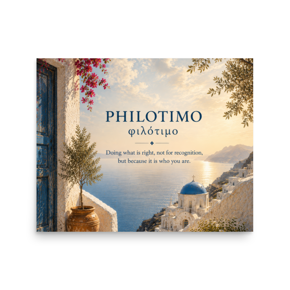 Poster featuring an artful design around the Greek concept of philotimo, 16″×20″ size.