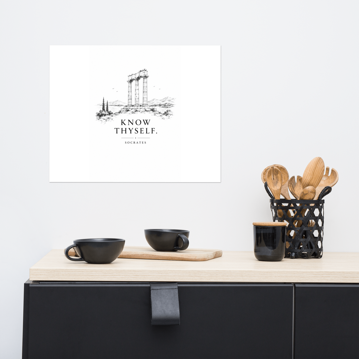 Poster featuring classical ruins and the Greek maxim “Know Thyself” in centered typography — additional product photo.