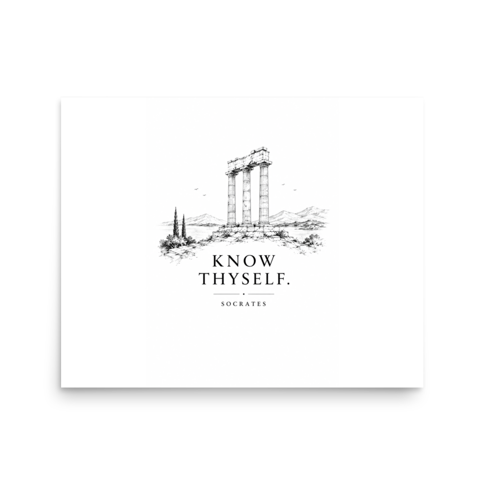 Poster featuring classical ruins and the Greek maxim “Know Thyself” in centered typography — additional product photo.