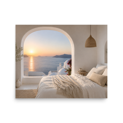 Illustrated Greek-island bedroom scene with whitewashed walls and sea-blue light, 16″×20″ size.