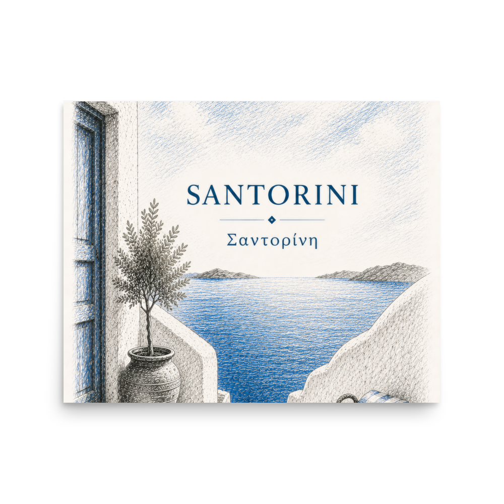Hand-drawn sketch-style poster of Santorini's cliffside, whitewashed architecture, 16″×20″ size.