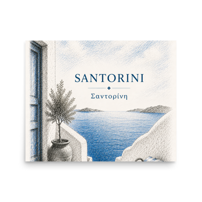 Hand-drawn sketch-style poster of Santorini's cliffside, whitewashed architecture, 16″×20″ size.