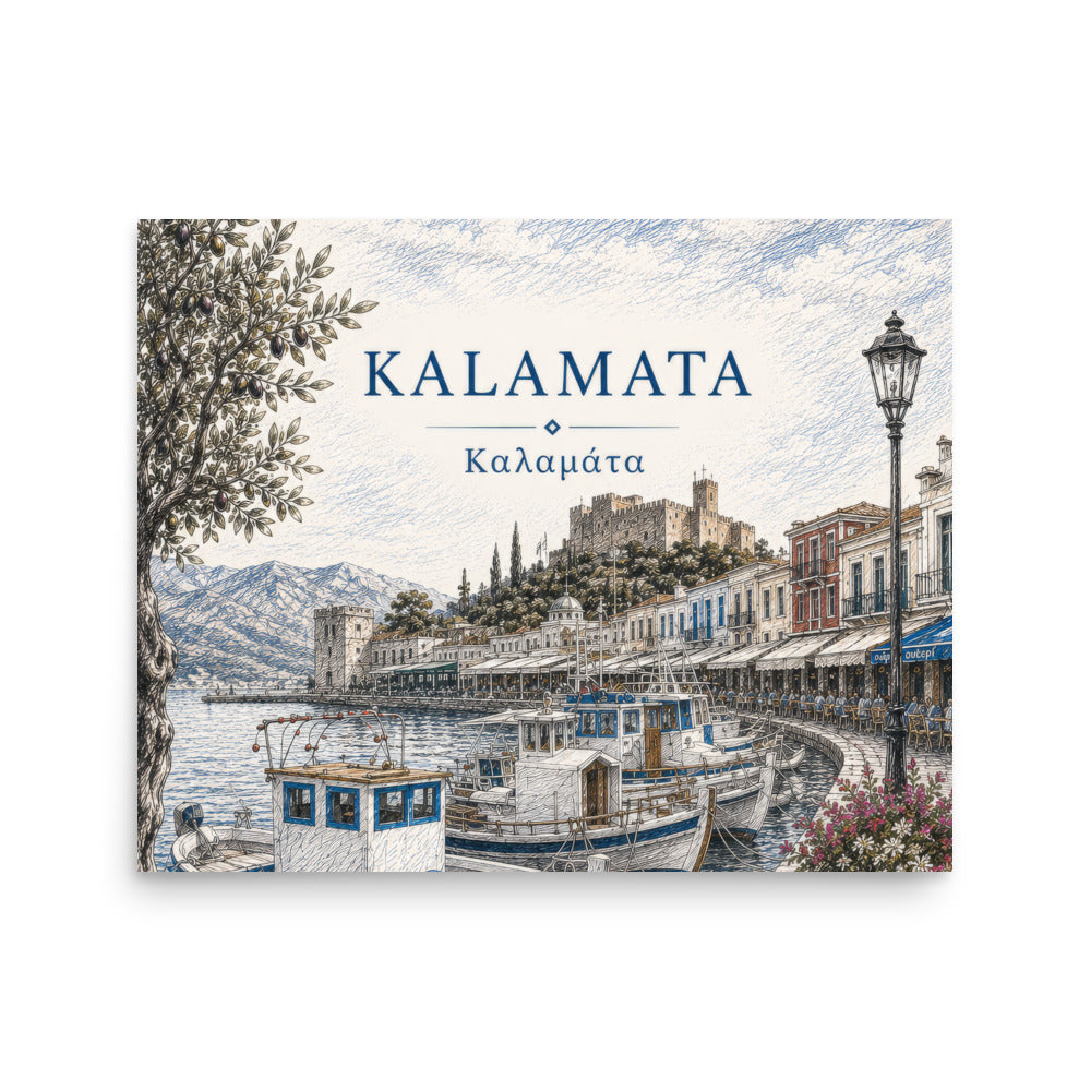 Illustrated Kalamata, Greece harbor scene with fishing boats, waterfront buildings, mountains, and an olive tree, titled “KALAMATA” and “Καλαμάτα”, 16″×20″ size.
