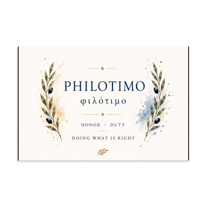 Poster featuring an artful design around the Greek concept of philotimo, 16″×24″ size.