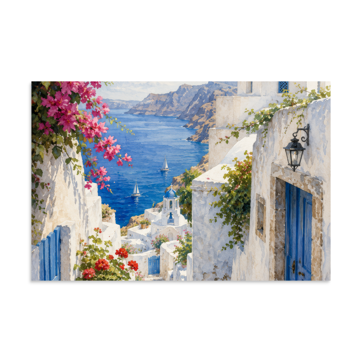 Illustrated poster of a Santorini courtyard scene, 16″×24″ size.