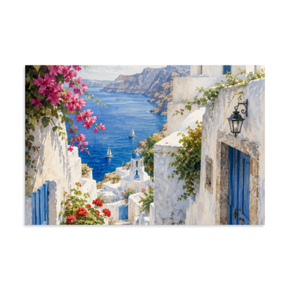 Illustrated poster of a Santorini courtyard scene, 16″×24″ size.