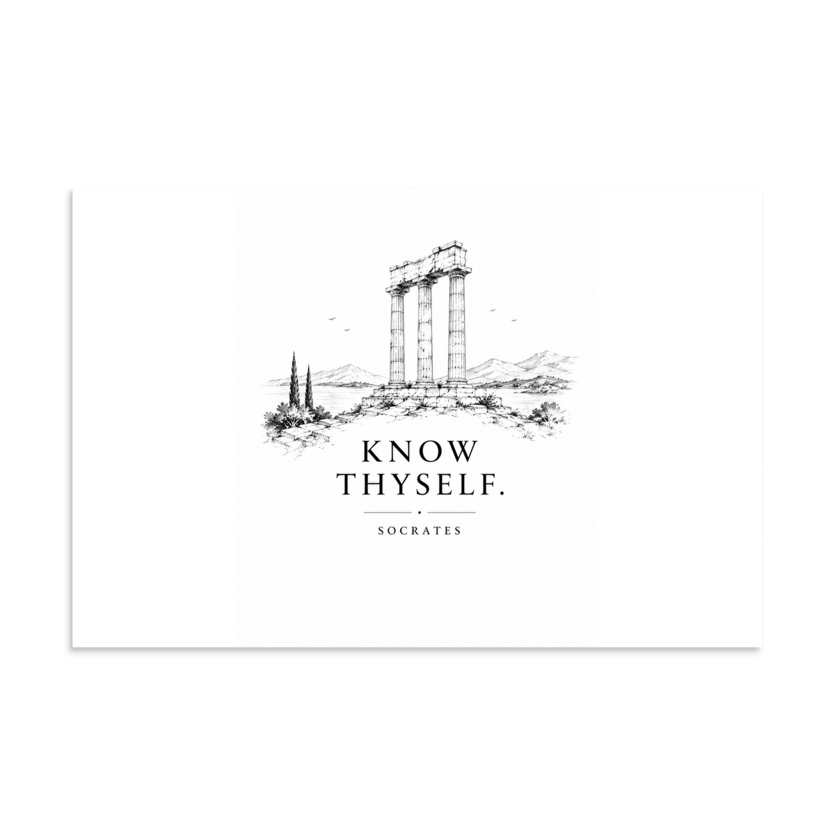 Poster featuring classical ruins and the Greek maxim “Know Thyself” in centered typography, 16″×24″ size.