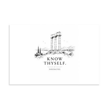 Poster featuring classical ruins and the Greek maxim “Know Thyself” in centered typography, 16″×24″ size.