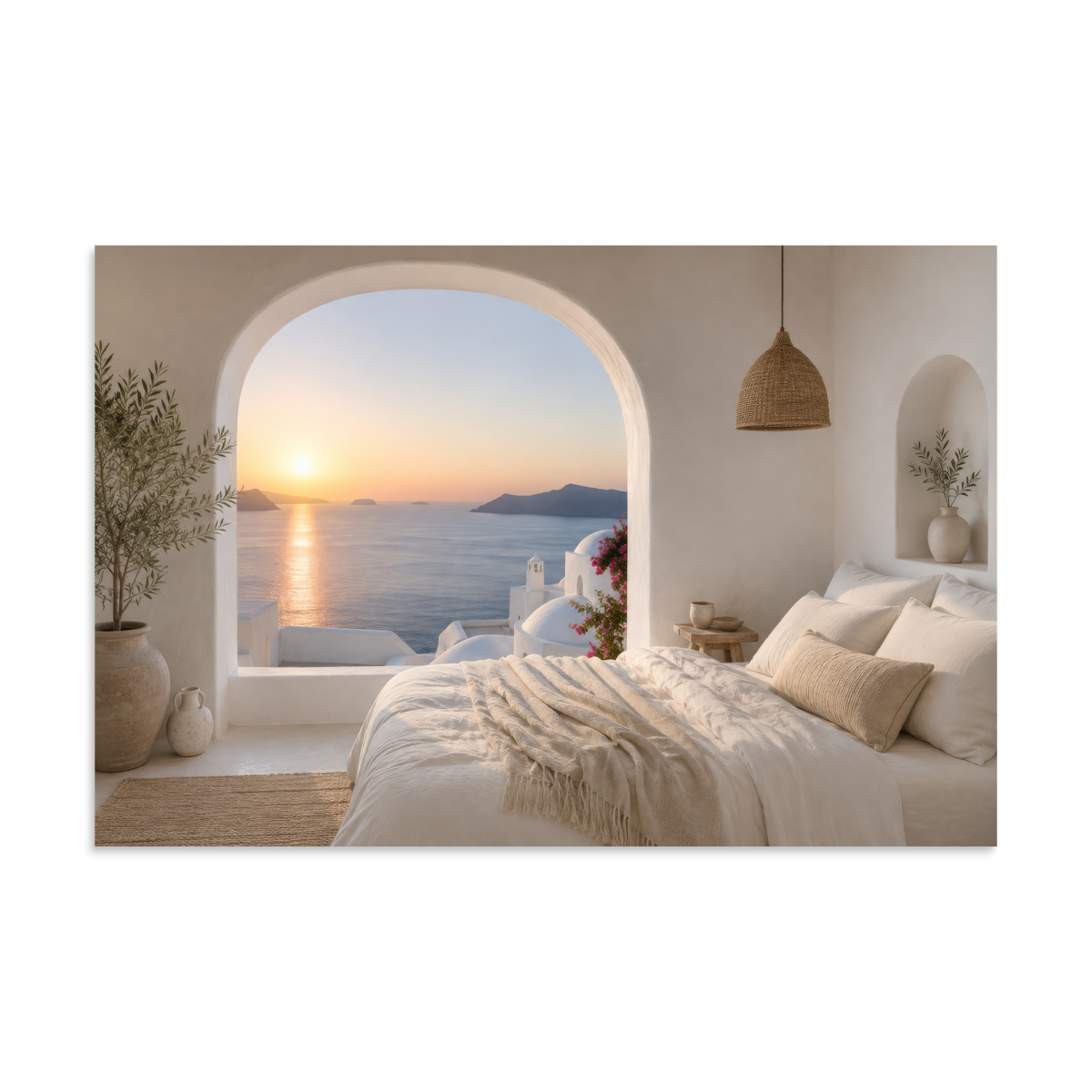 Illustrated Greek-island bedroom scene with whitewashed walls and sea-blue light, 16″×24″ size.
