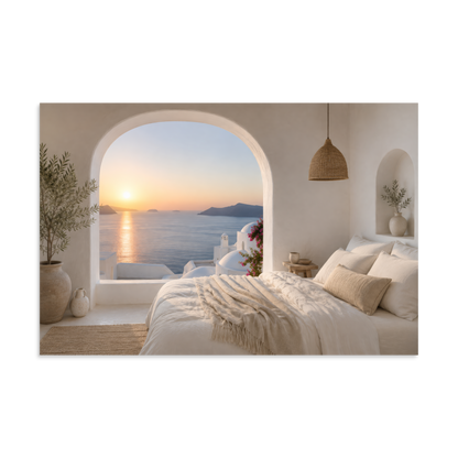 Illustrated Greek-island bedroom scene with whitewashed walls and sea-blue light, 16″×24″ size.