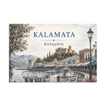 Illustrated Kalamata, Greece harbor scene with fishing boats, waterfront buildings, mountains, and an olive tree, titled “KALAMATA” and “Καλαμάτα”, 16″×24″ size.