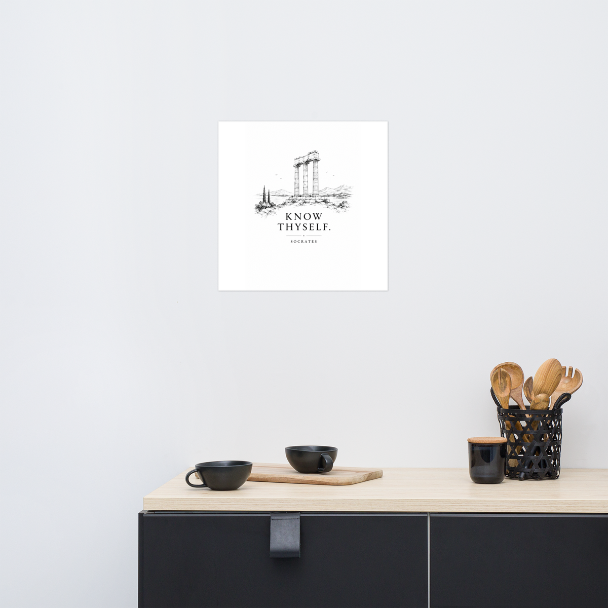 Poster featuring classical ruins and the Greek maxim “Know Thyself” in centered typography, 18″×18″ size.