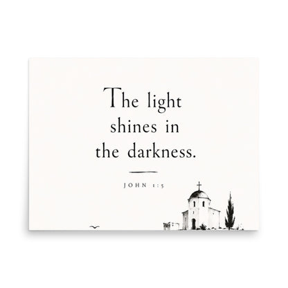 Scripture poster featuring John 1:5 and the theme of light overcoming darkness, 18″×24″ size.