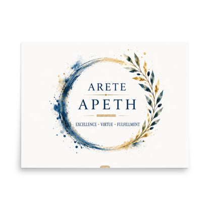 Minimalist poster featuring the Greek concept of arete (excellence and virtue), 18″×24″ size.