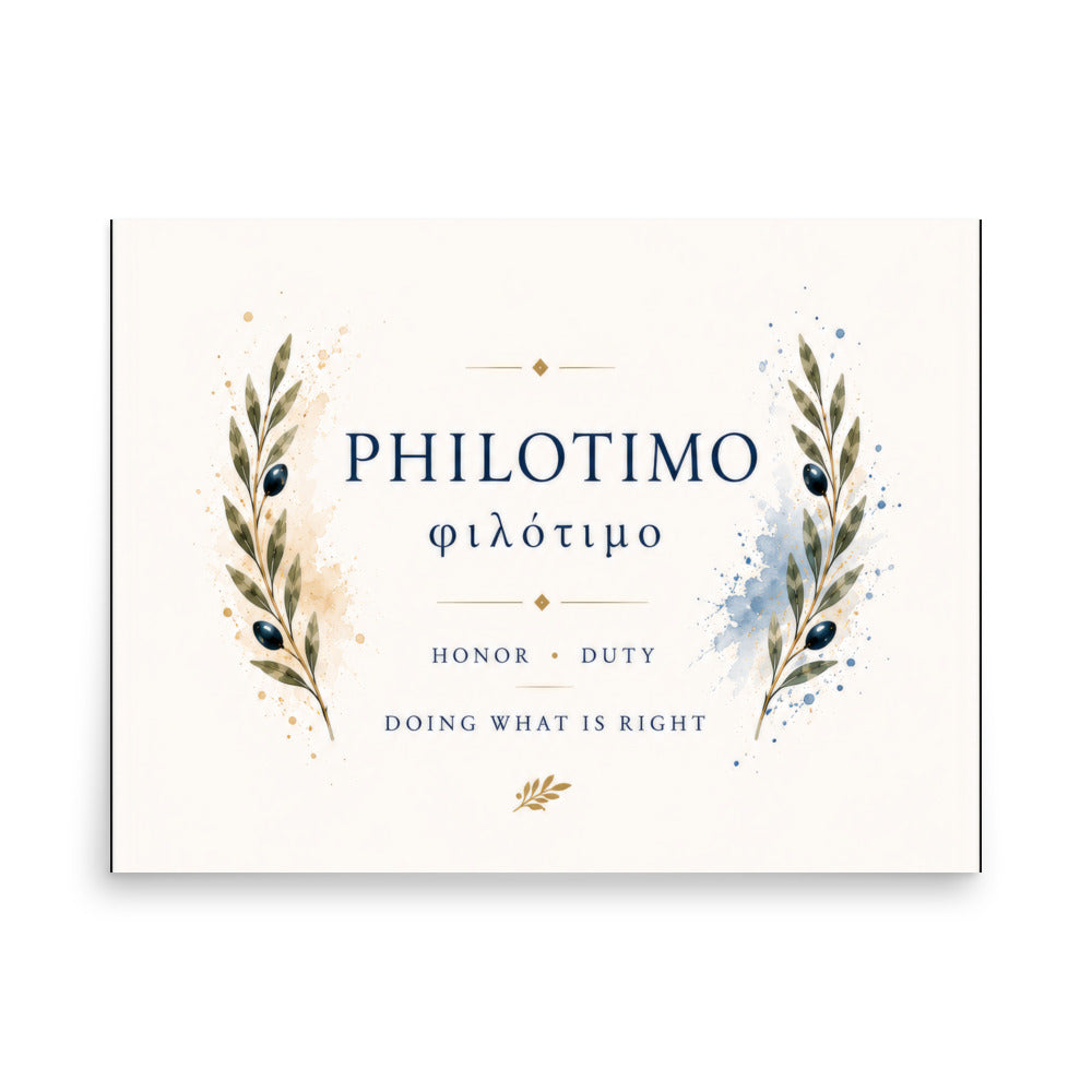 Poster featuring an artful design around the Greek concept of philotimo, 18″×24″ size.