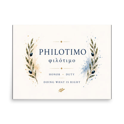 Poster featuring an artful design around the Greek concept of philotimo, 18″×24″ size.