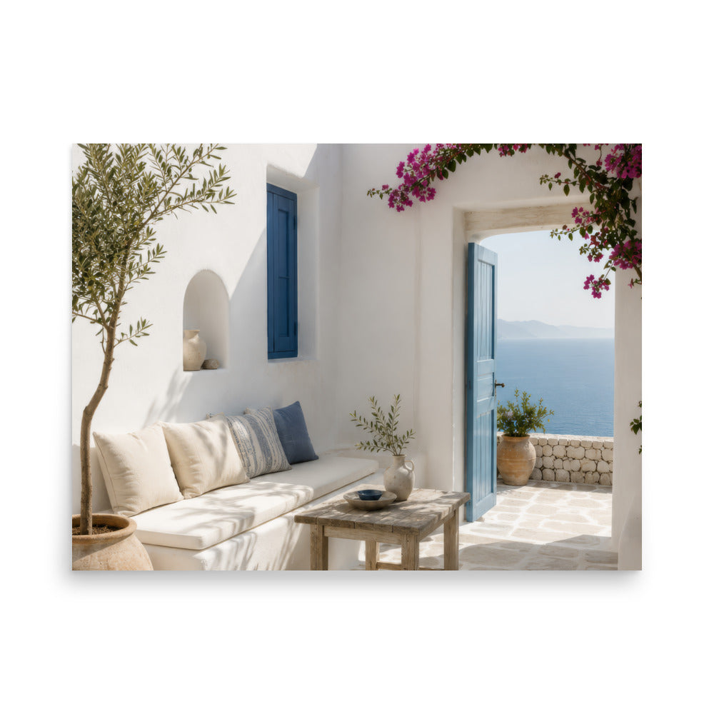 Illustrated Cycladic courtyard scene in white, blue, and stone tones, 18″×24″ size.