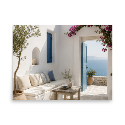 Illustrated Cycladic courtyard scene in white, blue, and stone tones, 18″×24″ size.