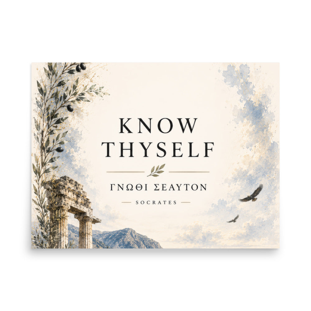 Poster featuring classical ruins and the Greek maxim “Know Thyself” in centered typography, 18″×24″ size.