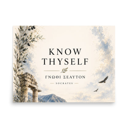 Poster featuring classical ruins and the Greek maxim “Know Thyself” in centered typography, 18″×24″ size.