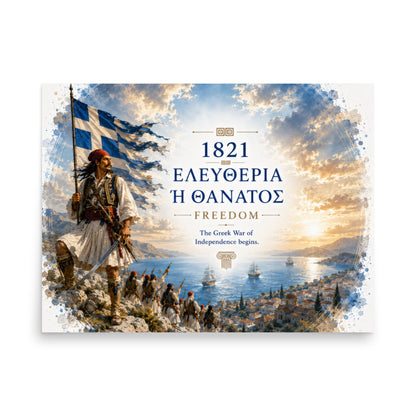Poster honoring the 1821 Greek Revolution and the phrase Eleftheria i Thanatos, 18″×24″ size.